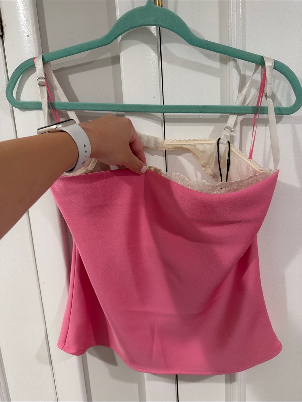 Pink Satin-Look Camisole Top with Lace Trim